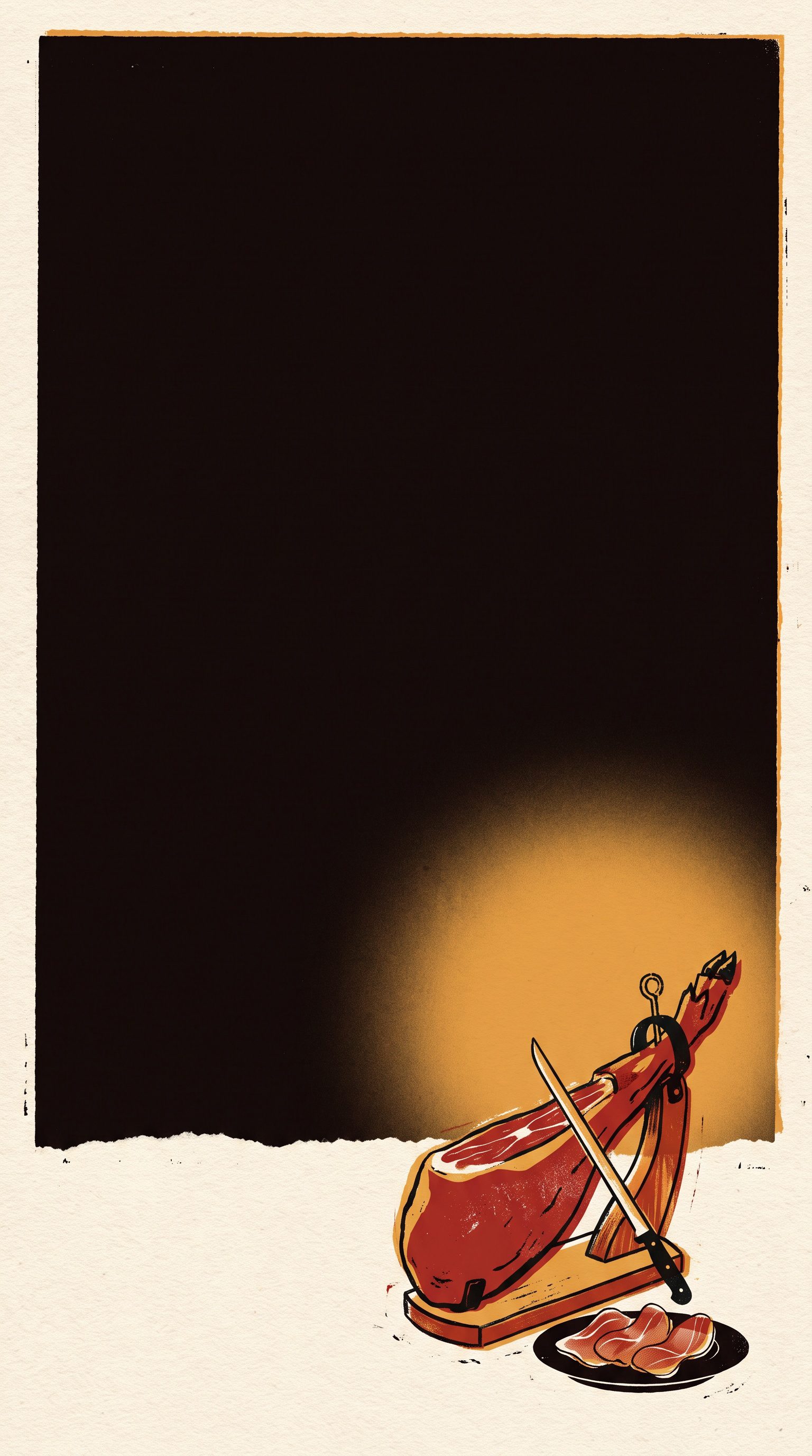 Serigrafia: una coscia di prosciutto iberico sul suo supporto di legno, il coltello lungo appoggiato e un piatto di fette sottili, sotto una luce calda, su fondo nero.