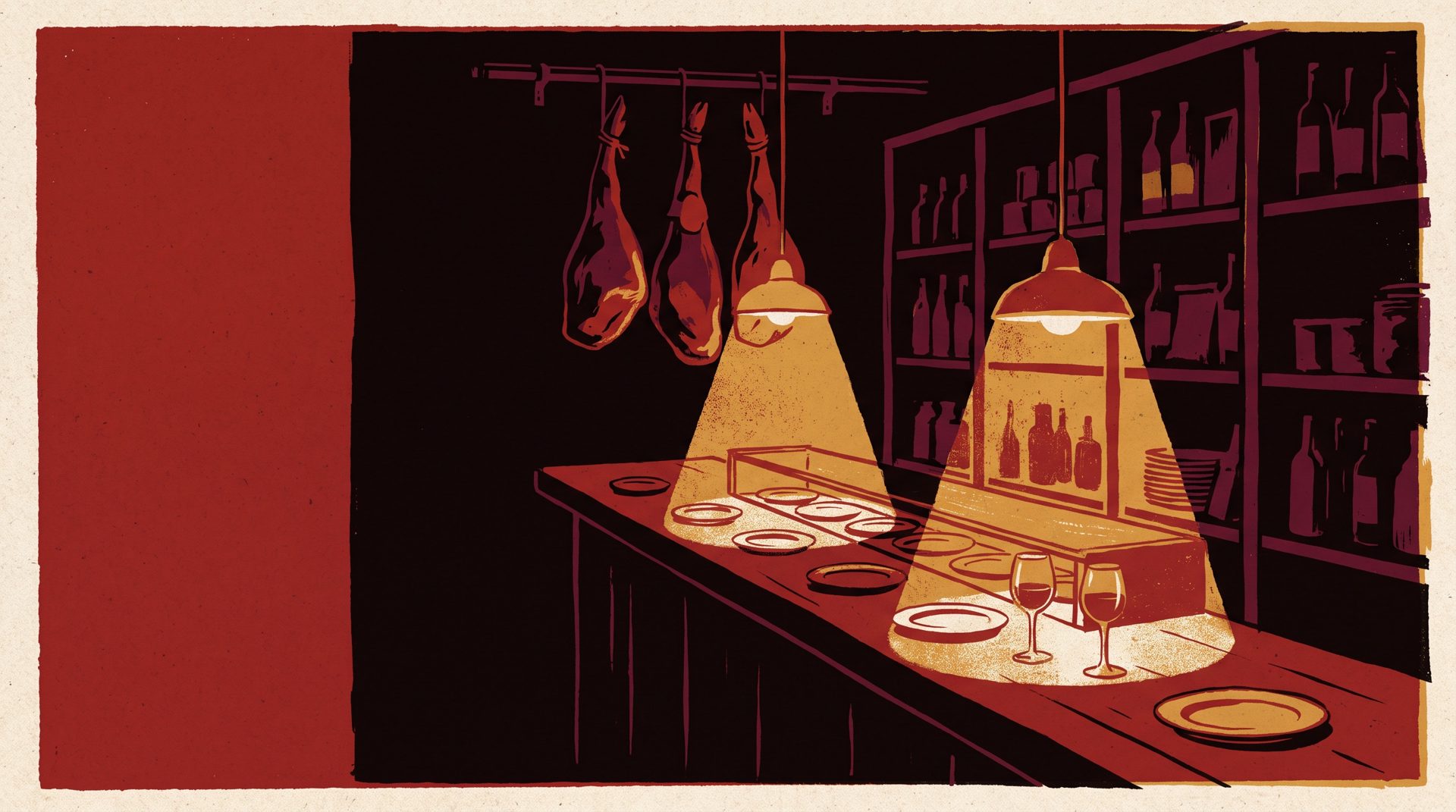 Serigrafia: il bancone di un tapas bar a notte fonda, tre cosce di prosciutto appese sopra, due lampade che posano due pozze di luce calda sul legno.