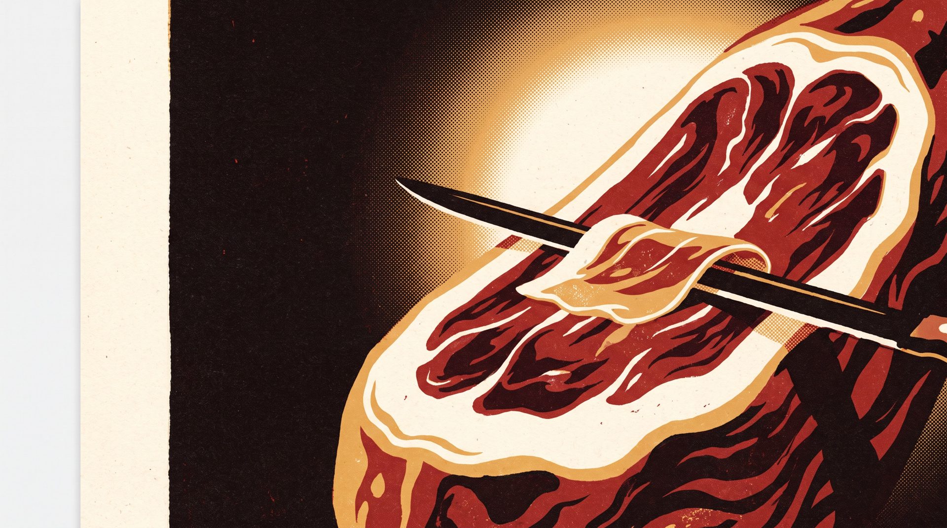 Serigrafia: la lama lunga solleva una fetta sottilissima dalla faccia tagliata del prosciutto, sotto la luce di una lampada.